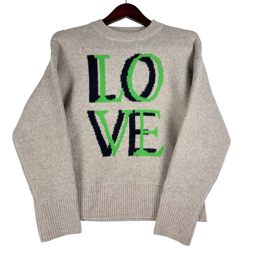 A New Day Love Graphic Sweater Women Small Tan Green Crewneck Preppy Cozycore